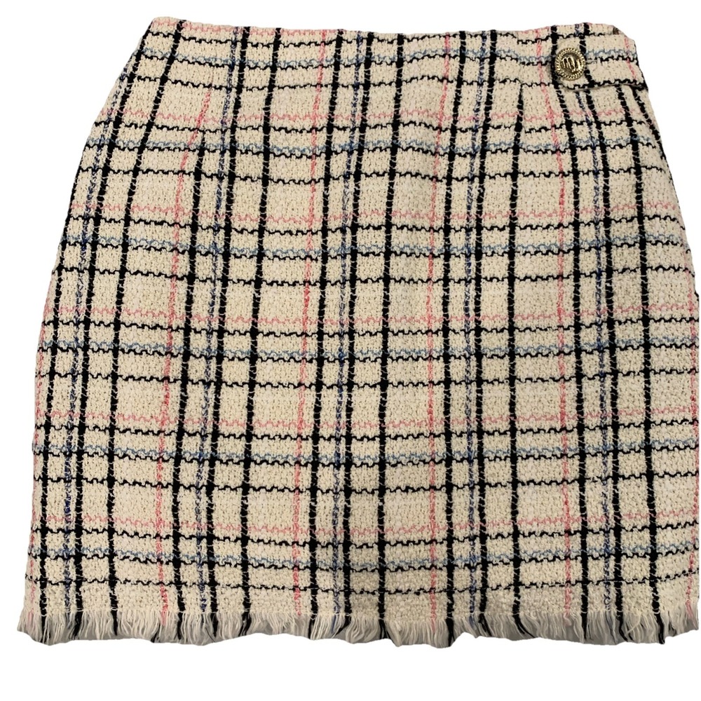 Maje Tartan Plaid Print Mini Skirt Cotton Blend Tweed Fringe EU 34 /US 4